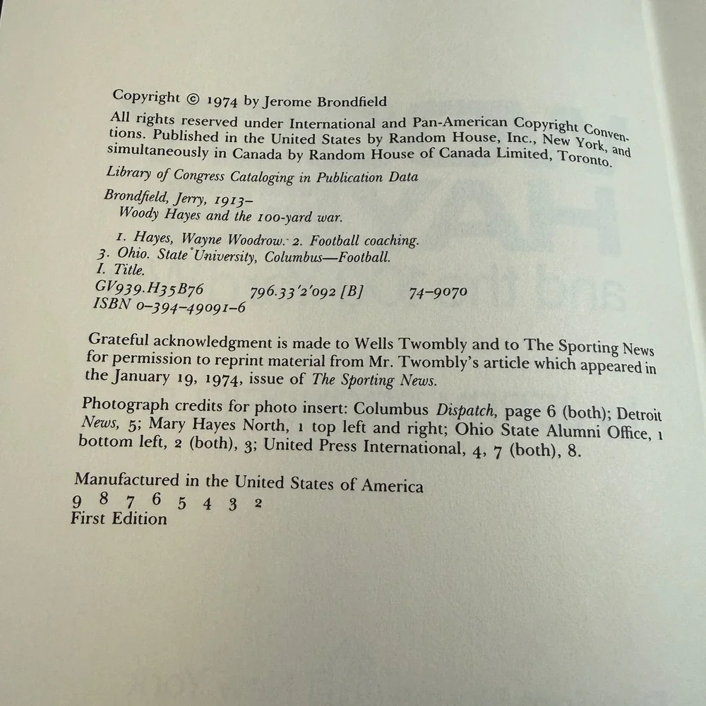 Woody Hayes and the 100-Yard War Jerry Brondfield 1974 First‎ Edition Hardcover